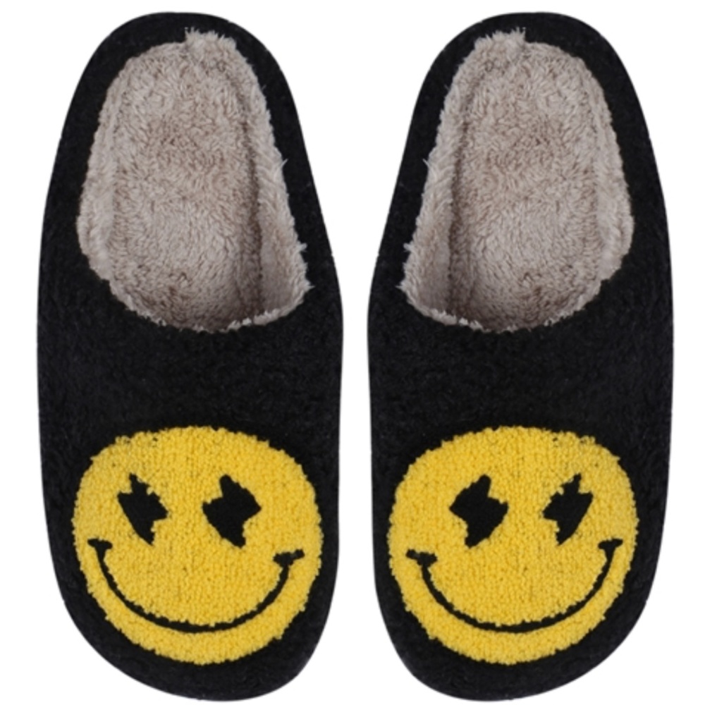 NWT Black and Yellow Smiley Face with Lightning Bolt Eyes Fuzzy Fleece Slippers!